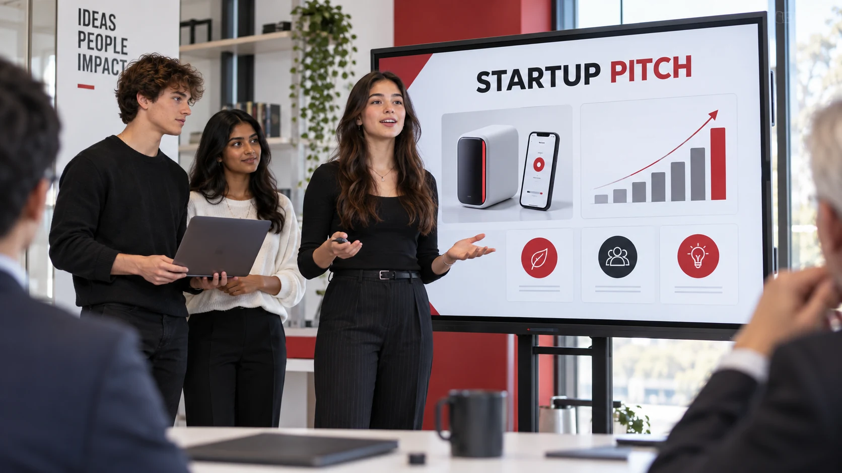 Young founders presenting a startup pitch — course illustration